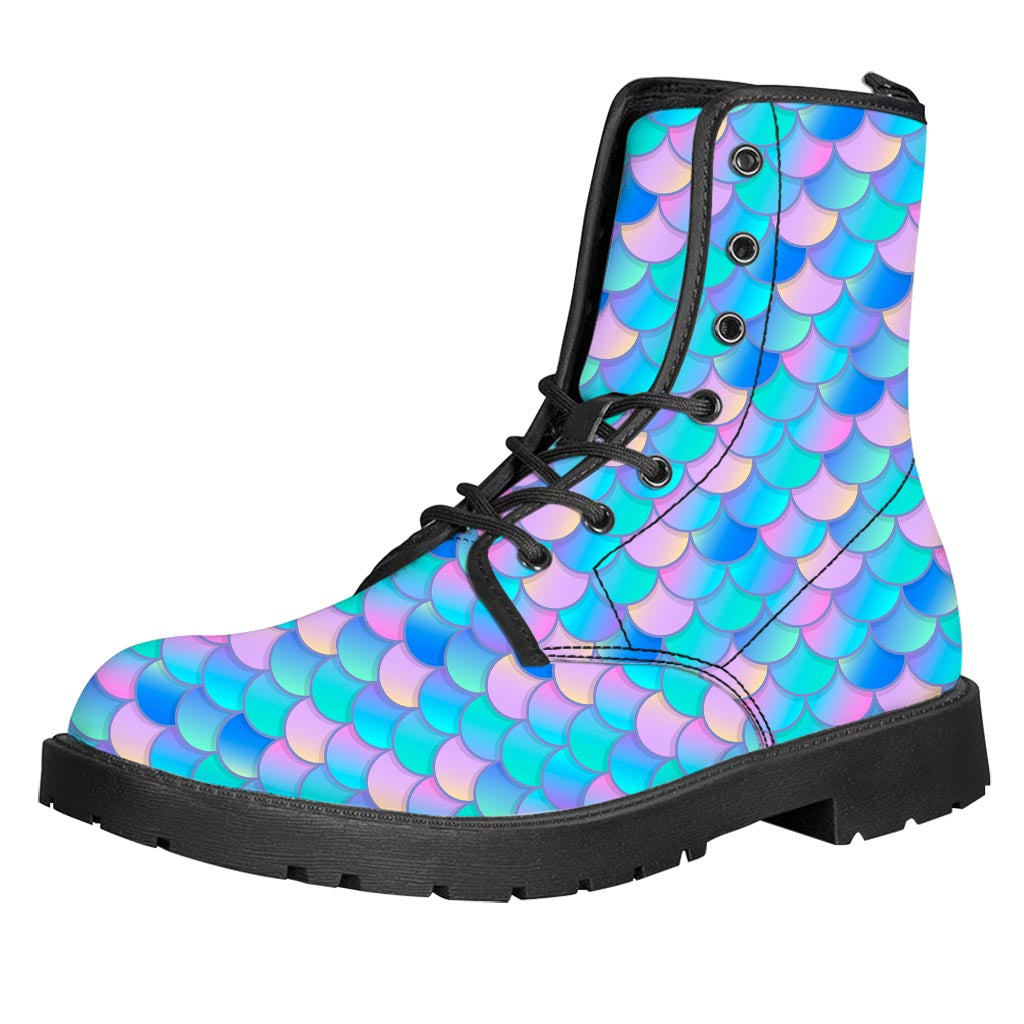 Pink Teal Mermaid Scales Pattern Print Leather Boots