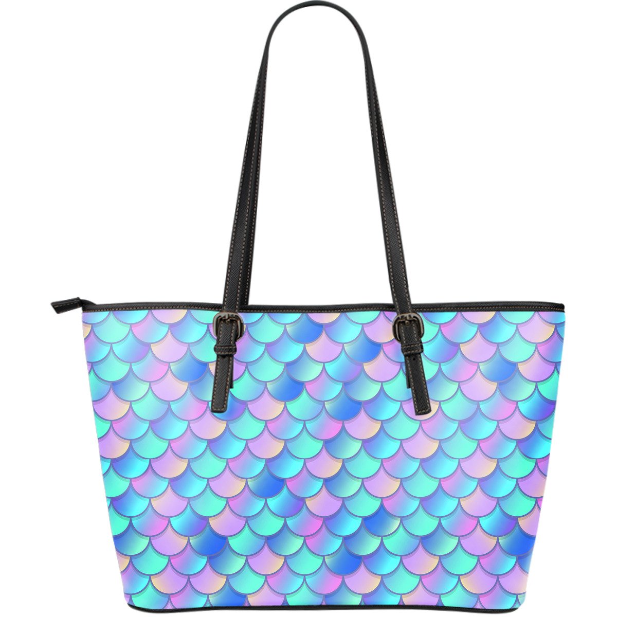 Pink Teal Mermaid Scales Pattern Print Leather Tote Bag