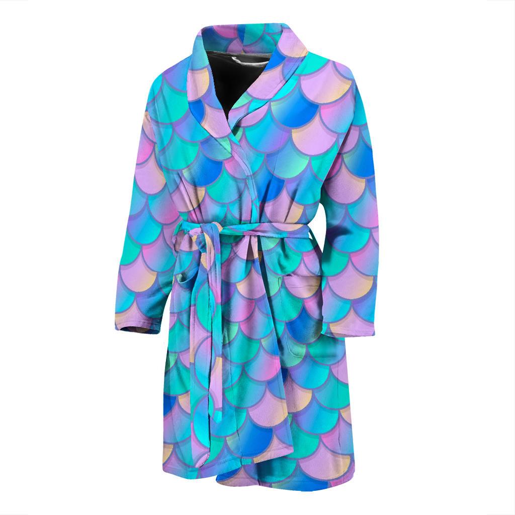 Pink Teal Mermaid Scales Pattern Print Men's Bathrobe