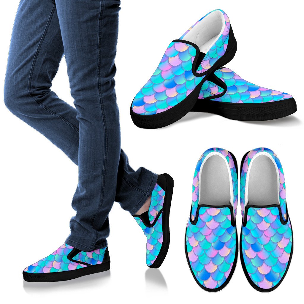 Pink Teal Mermaid Scales Pattern Print Men's Slip On Shoes