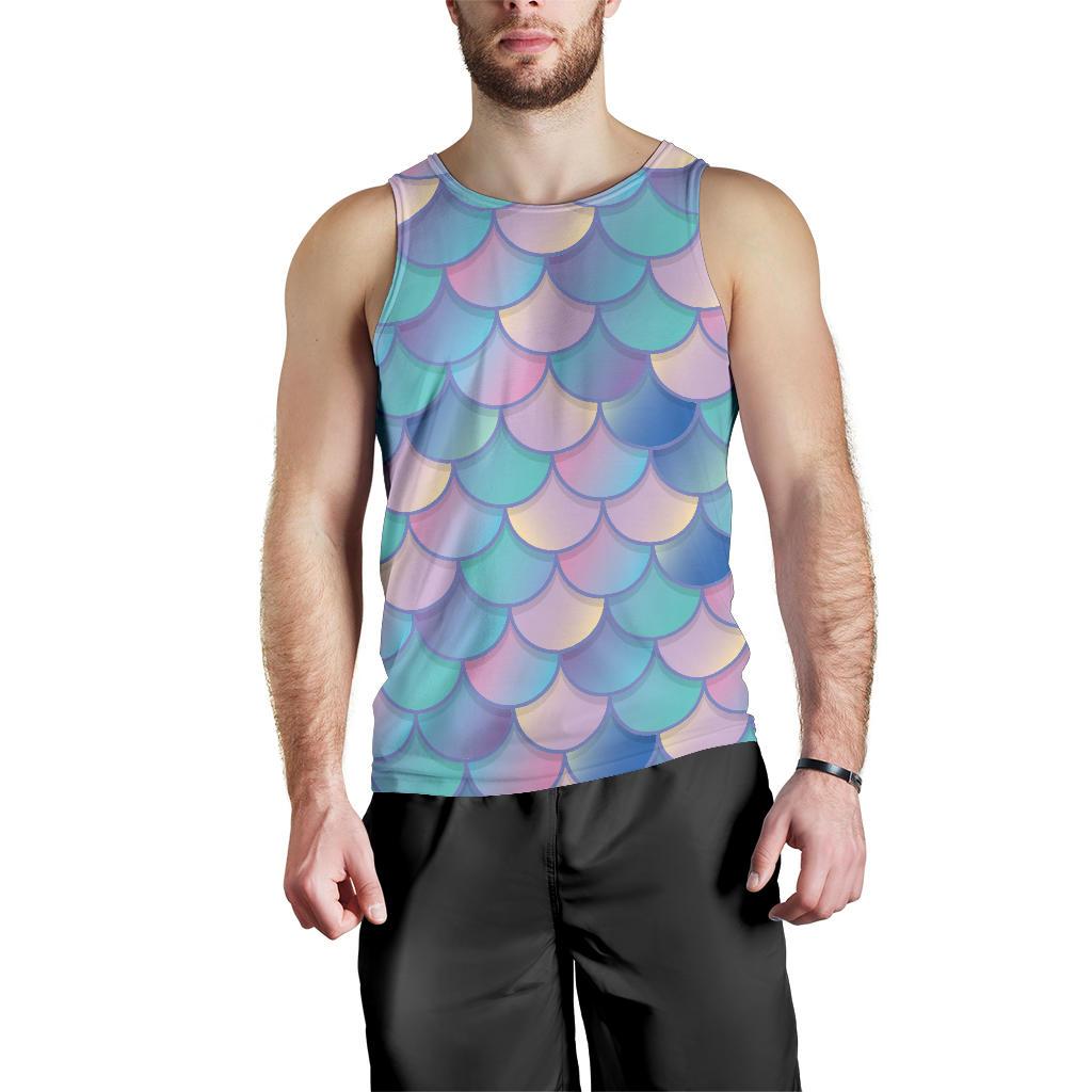 Pink Teal Mermaid Scales Pattern Print Men's Tank Top