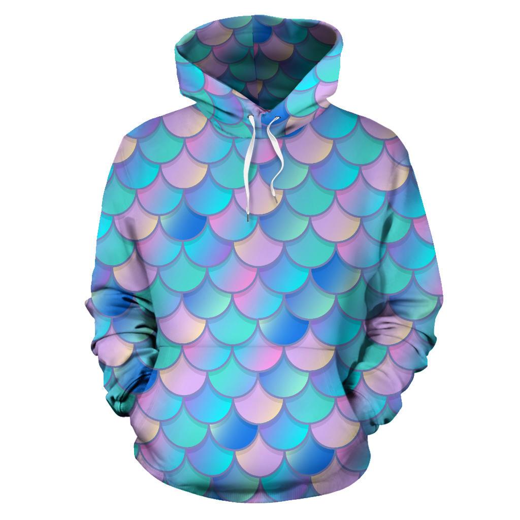 Pink Teal Mermaid Scales Pattern Print Pullover Hoodie