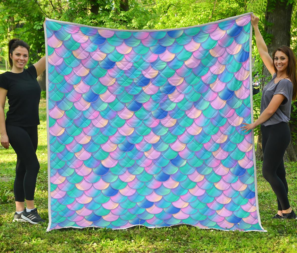 Pink Teal Mermaid Scales Pattern Print Quilt