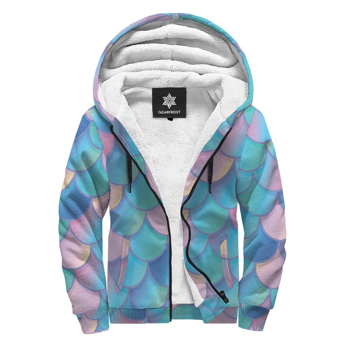 Pink Teal Mermaid Scales Pattern Print Sherpa Lined Fleece Hoodie