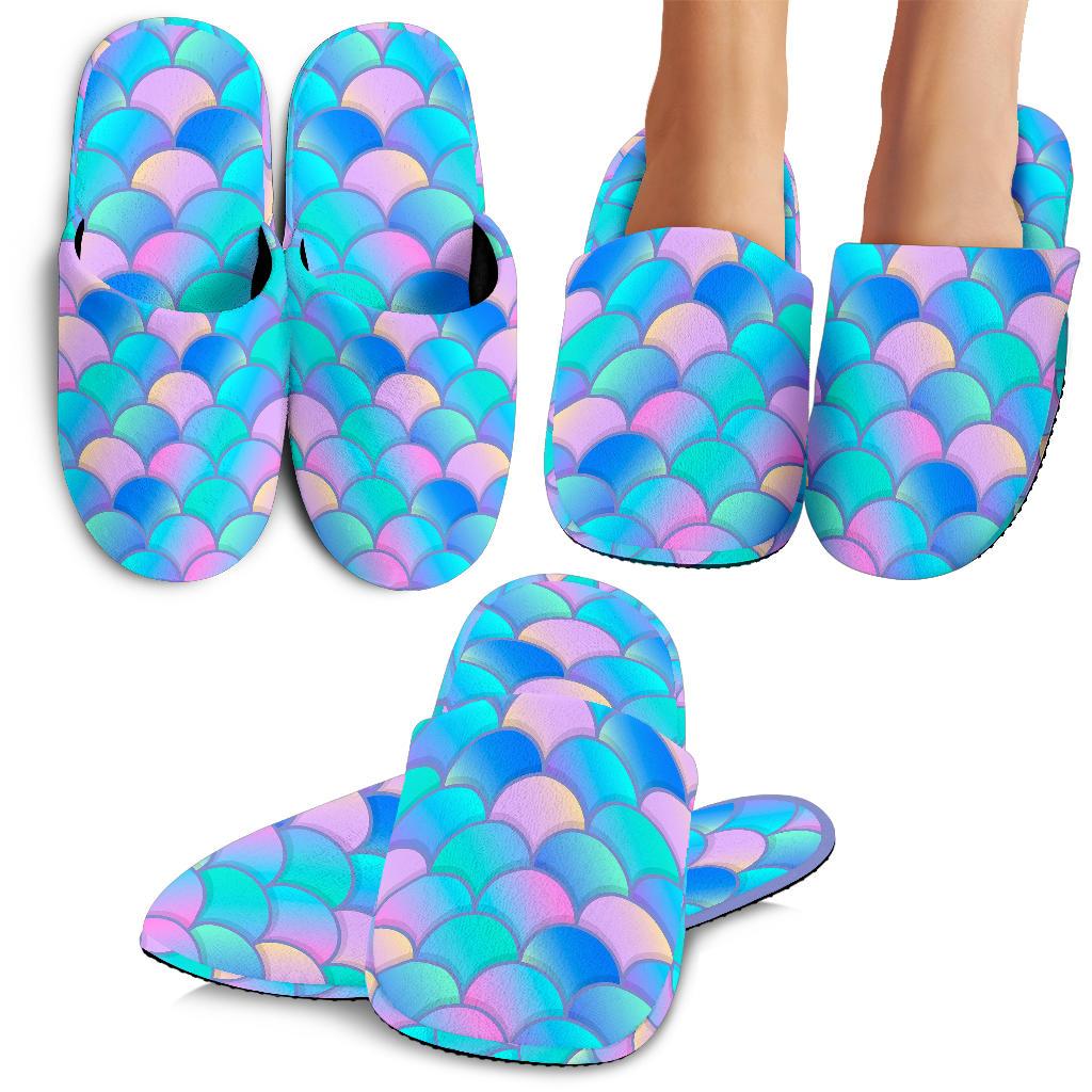 Pink Teal Mermaid Scales Pattern Print Slippers