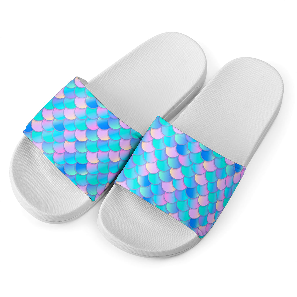 Pink Teal Mermaid Scales Pattern Print White Slide Sandals