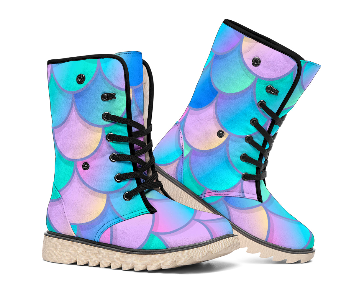 Pink Teal Mermaid Scales Pattern Print Winter Boots