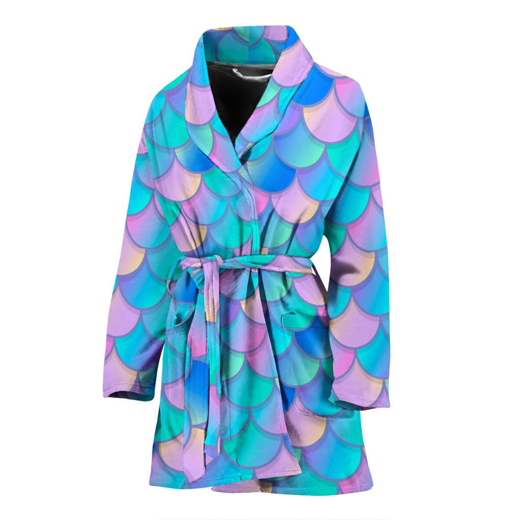 Pink Teal Mermaid Scales Pattern Print Women's Bathrobe