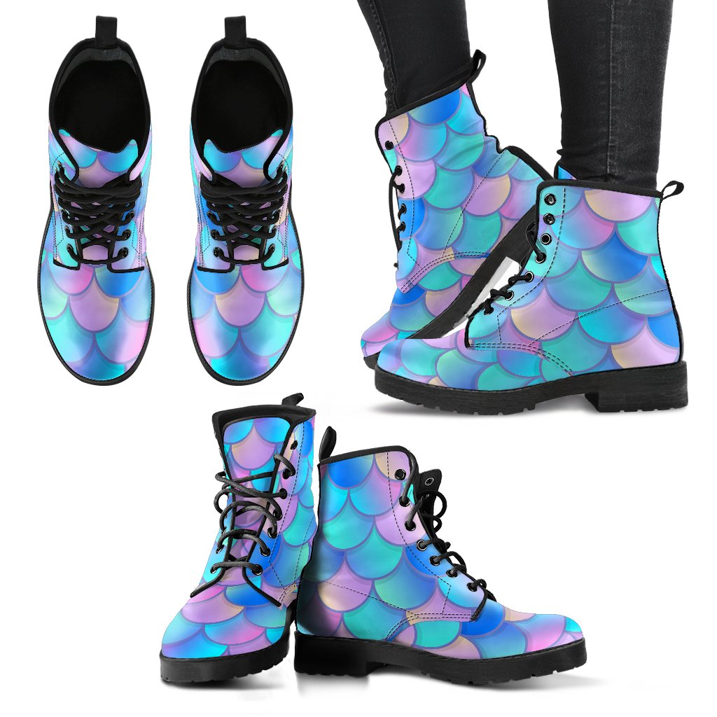 Pink Teal Mermaid Scales Pattern Print Women's Boots