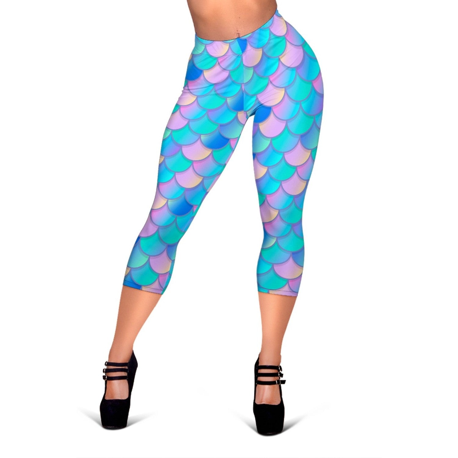 Pink Teal Mermaid Scales Pattern Print Women's Capri Leggings