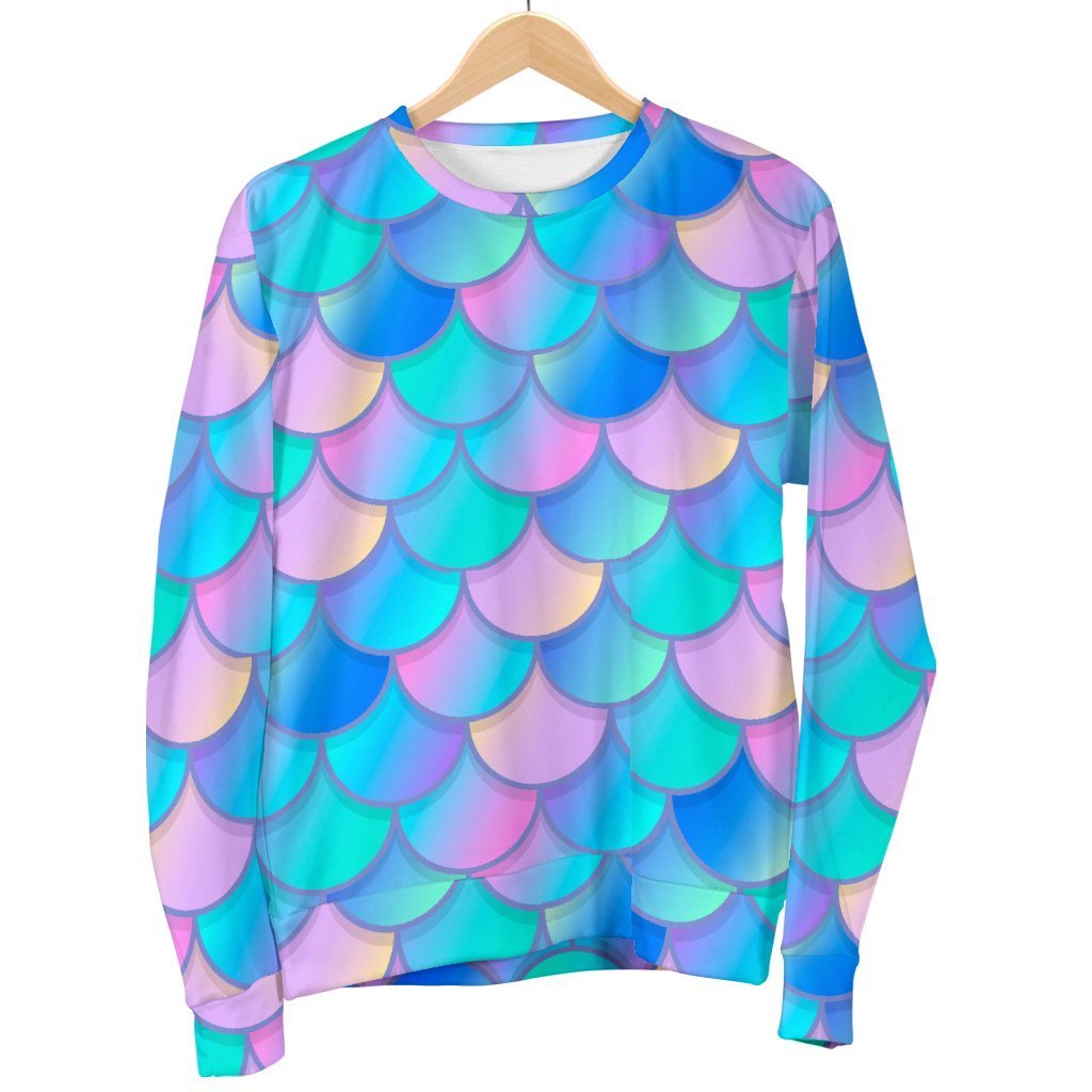 Pink Teal Mermaid Scales Pattern Print Women's Crewneck Sweatshirt