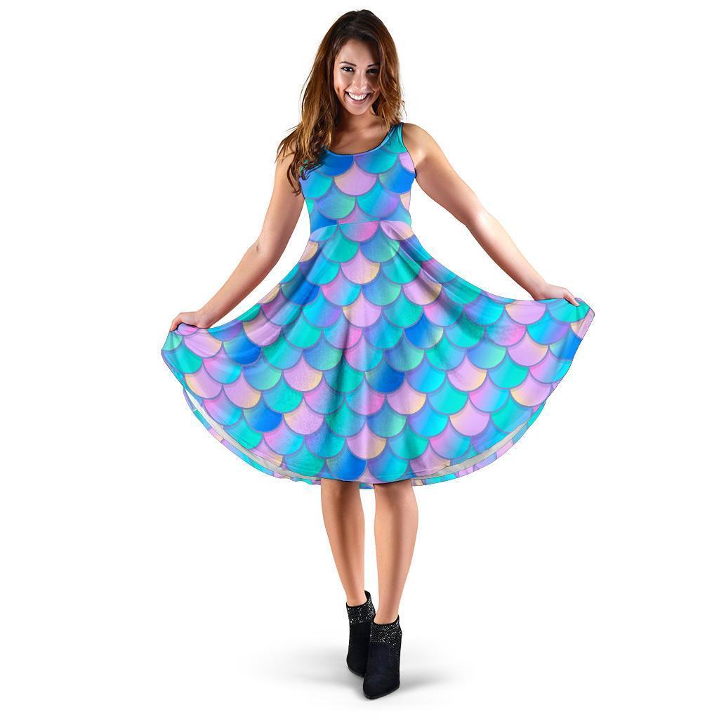 Pink Teal Mermaid Scales Pattern Print Women's Dress