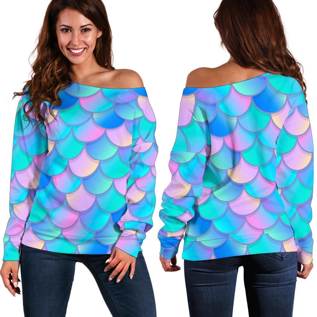 Pink Teal Mermaid Scales Pattern Print Women's Off-Shoulder Sweatshirt