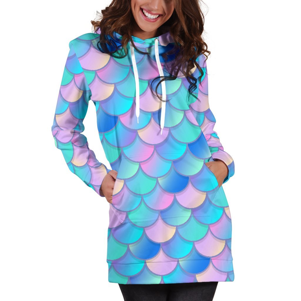 Pink Teal Mermaid Scales Pattern Print Women's Pullover Hoodie Dress