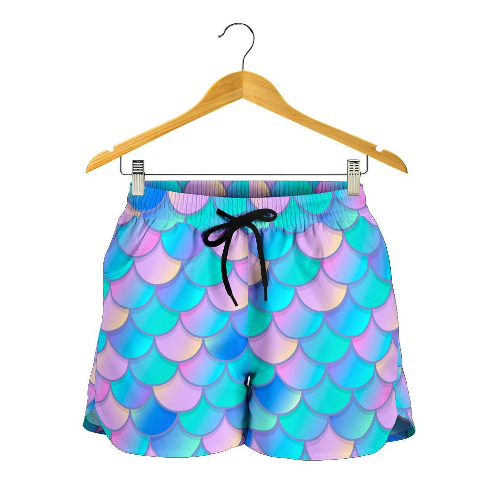 Pink Teal Mermaid Scales Pattern Print Women's Shorts