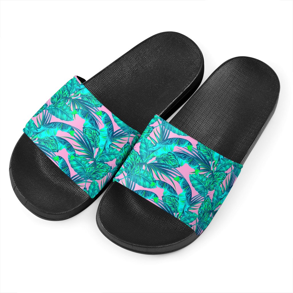 Pink Teal Tropical Leaf Pattern Print Black Slide Sandals