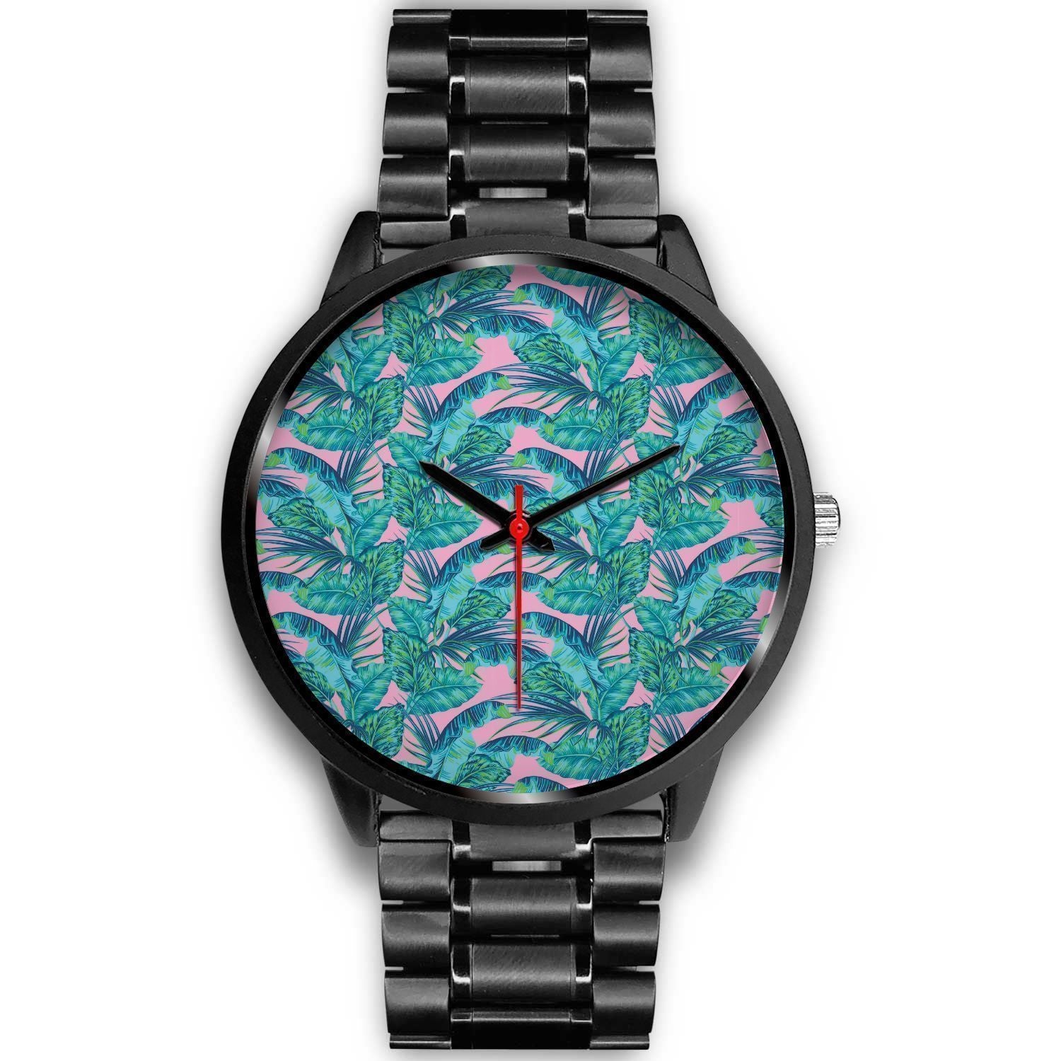 Pink Teal Tropical Leaf Pattern Print Black Watch