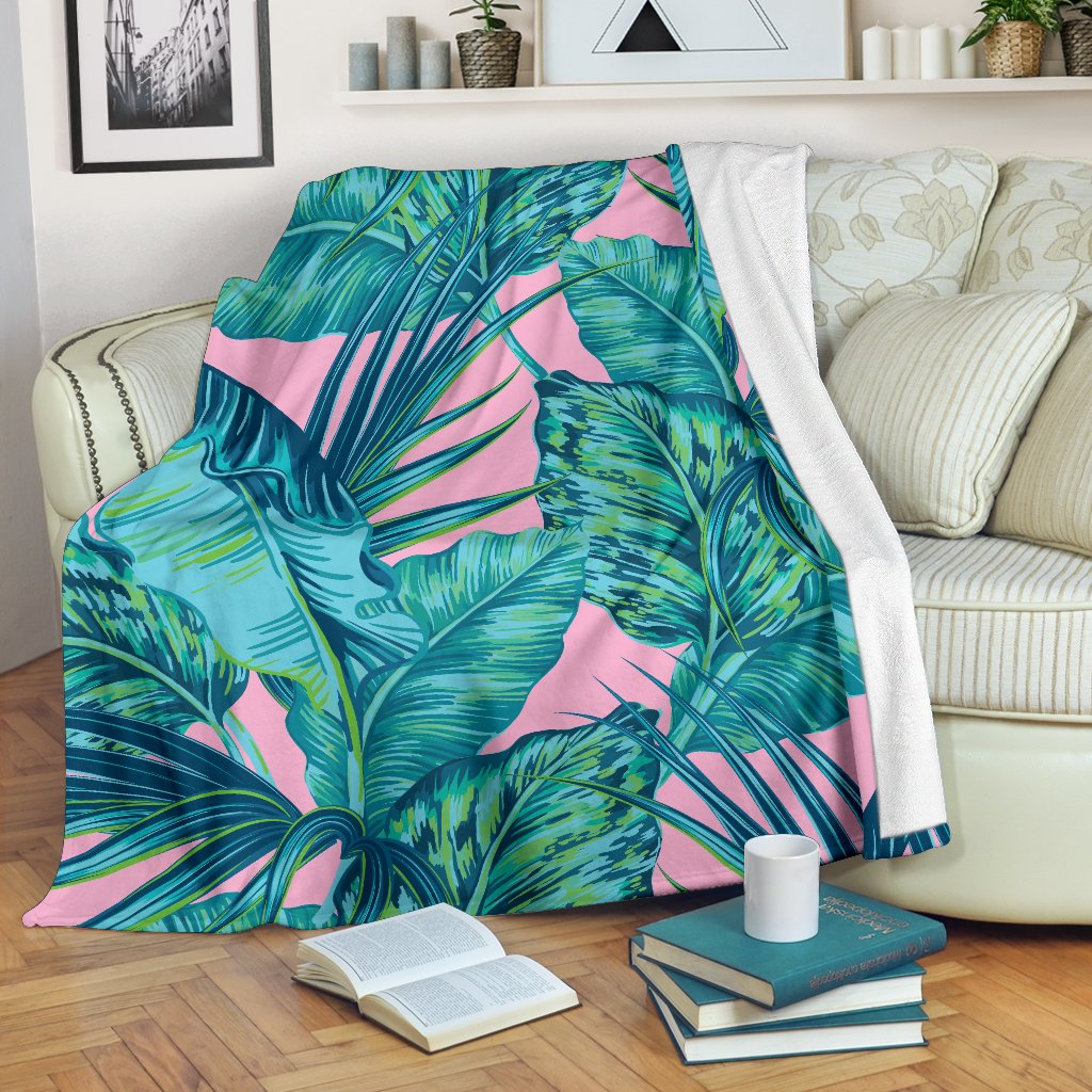 Pink Teal Tropical Leaf Pattern Print Blanket