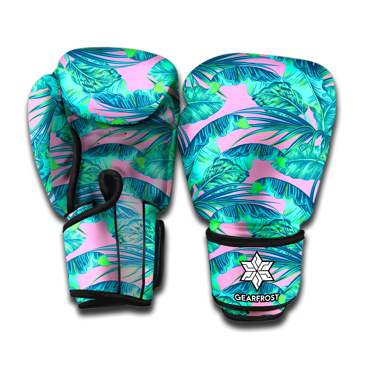 Pink Teal Tropical Leaf Pattern Print Boxing Gloves