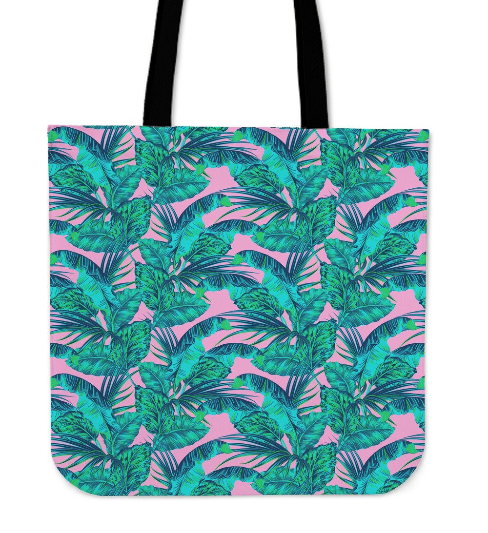 Pink Teal Tropical Leaf Pattern Print Canvas Tote Bag