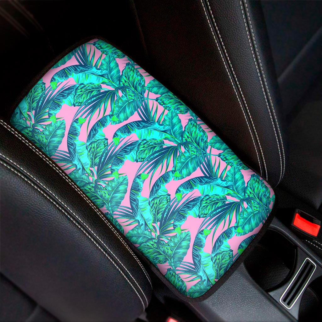 Pink Teal Tropical Leaf Pattern Print Car Center Console Cover