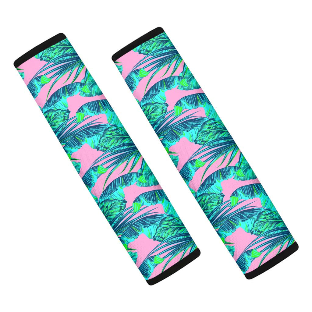 Pink Teal Tropical Leaf Pattern Print Car Seat Belt Covers