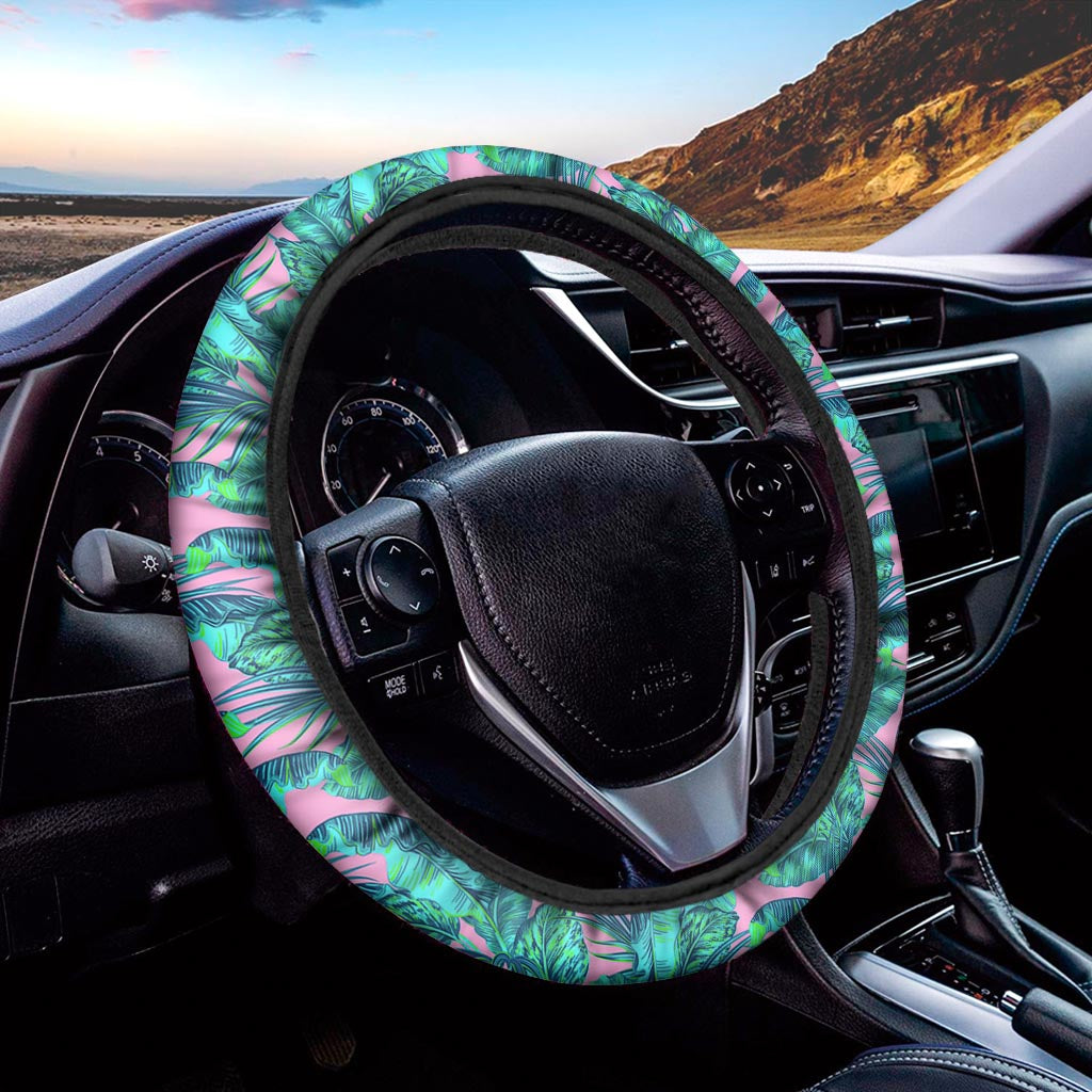 Pink Teal Tropical Leaf Pattern Print Car Steering Wheel Cover