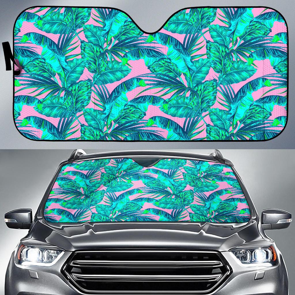 Pink Teal Tropical Leaf Pattern Print Car Sun Shade