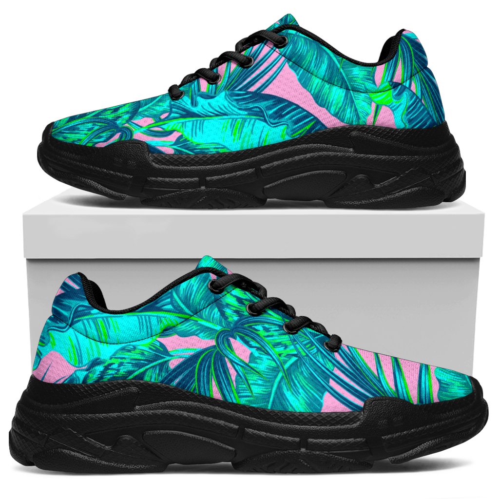 Pink Teal Tropical Leaf Pattern Print Chunky Sneakers