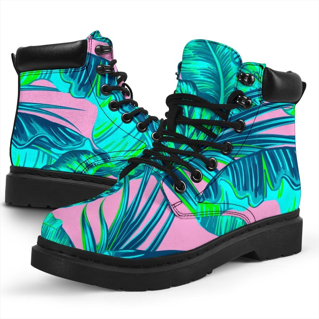 Pink Teal Tropical Leaf Pattern Print Classic Boots