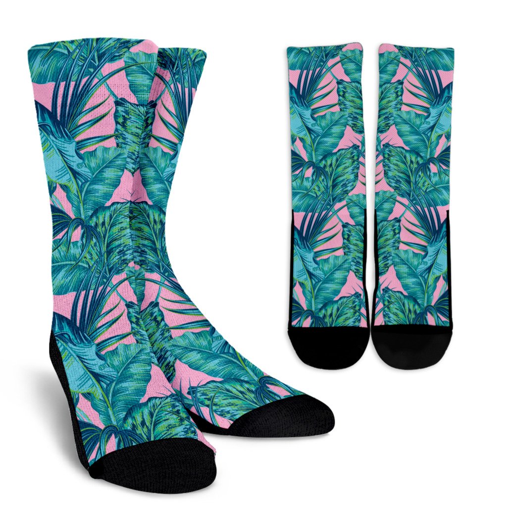 Pink Teal Tropical Leaf Pattern Print Crew Socks