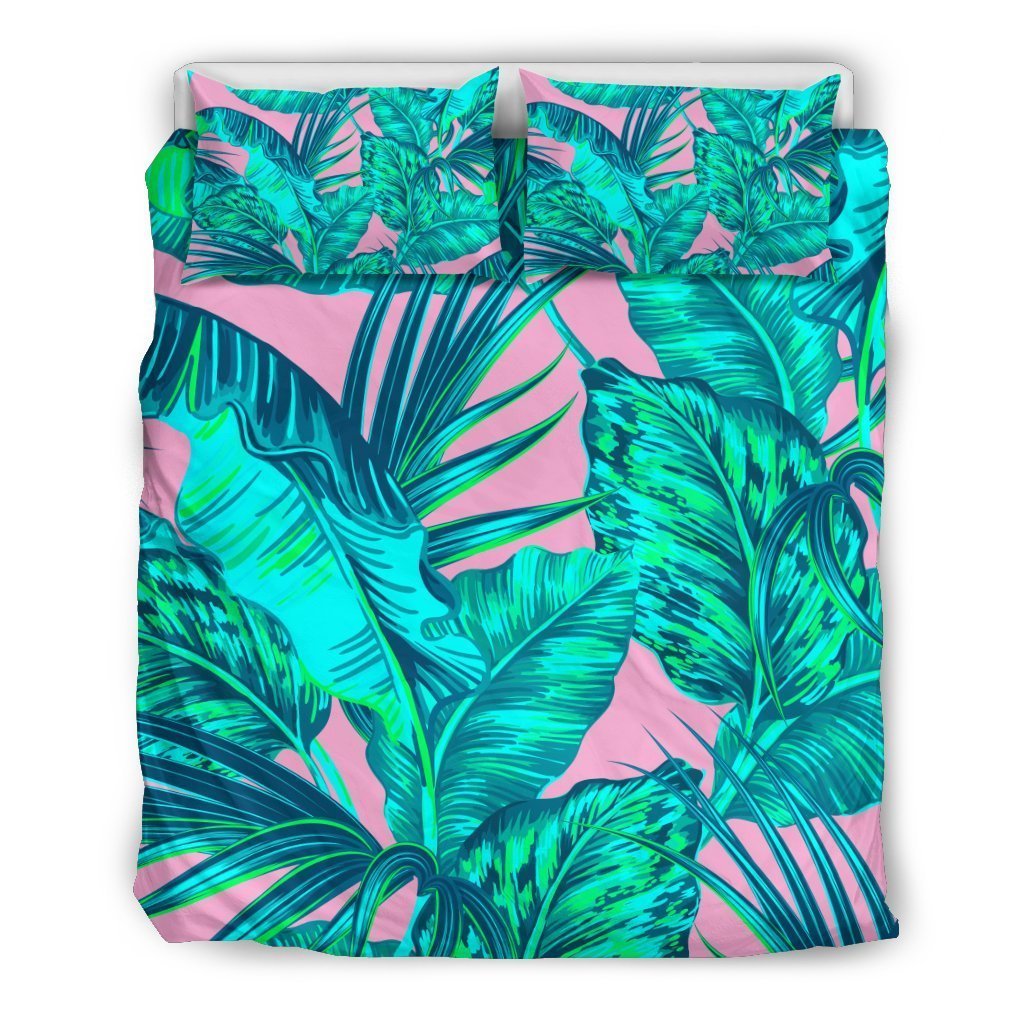 Pink Teal Tropical Leaf Pattern Print Duvet Cover Bedding Set