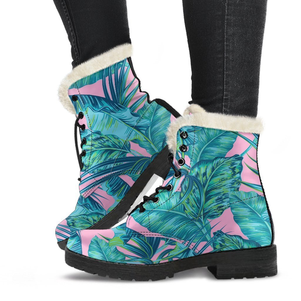 Pink Teal Tropical Leaf Pattern Print Faux Fur Leather Boots