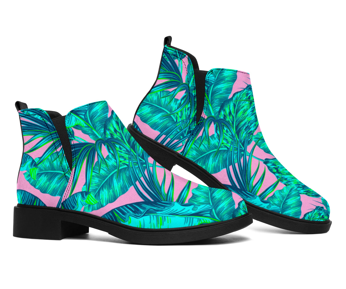 Pink Teal Tropical Leaf Pattern Print Flat Ankle Boots