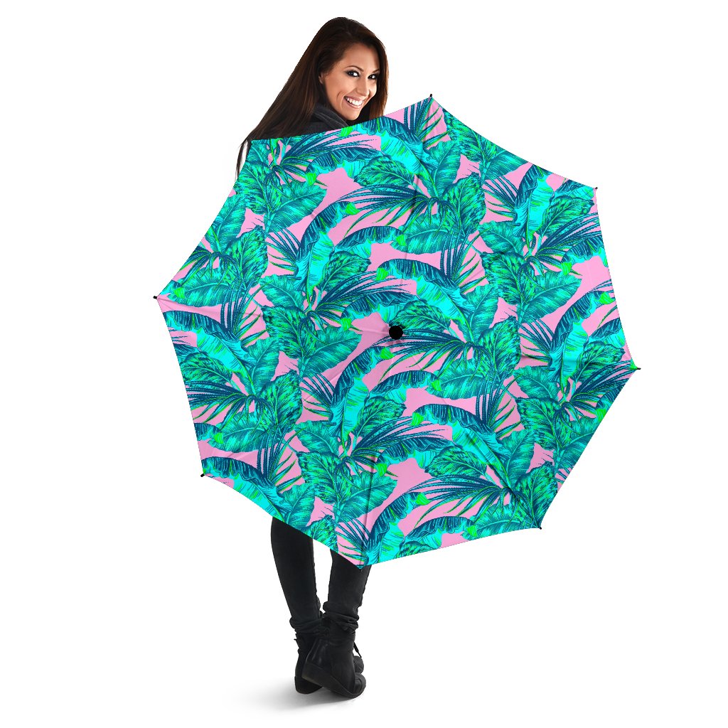 Pink Teal Tropical Leaf Pattern Print Foldable Umbrella