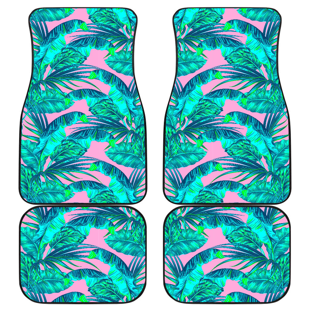 Pink Teal Tropical Leaf Pattern Print Front and Back Car Floor Mats