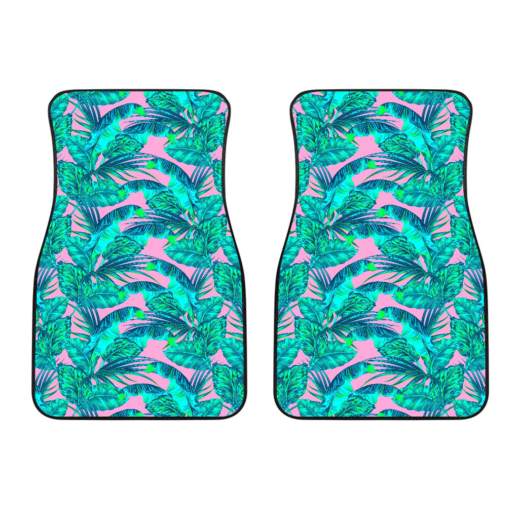 Pink Teal Tropical Leaf Pattern Print Front Car Floor Mats