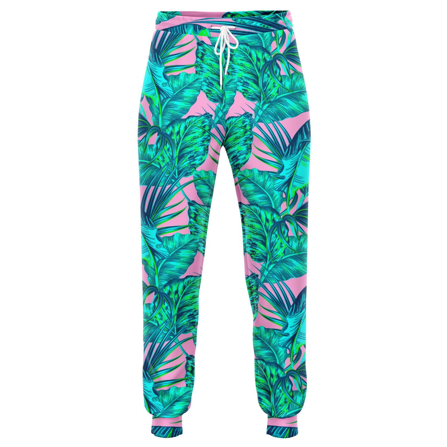 Pink Teal Tropical Leaf Pattern Print Jogger Pants