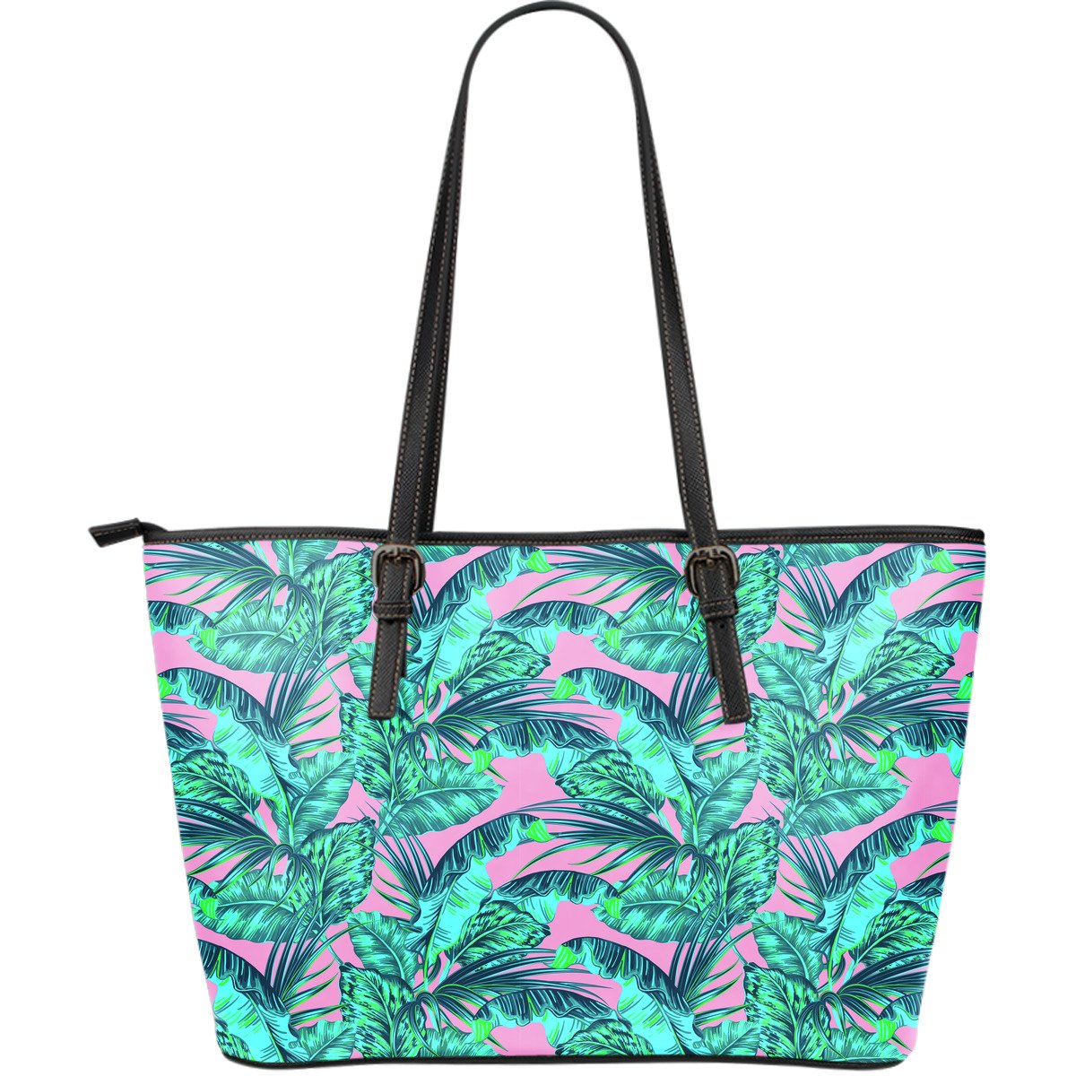 Pink Teal Tropical Leaf Pattern Print Leather Tote Bag