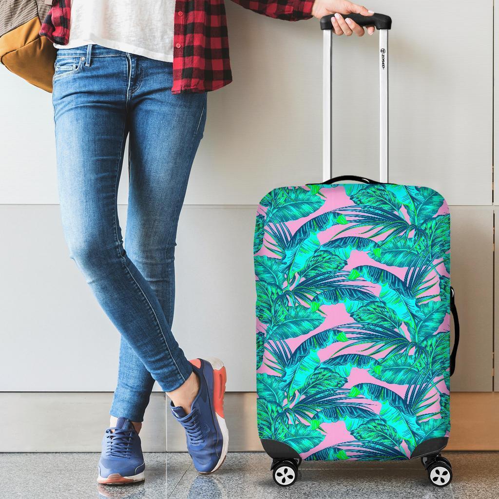 Pink Teal Tropical Leaf Pattern Print Luggage Cover