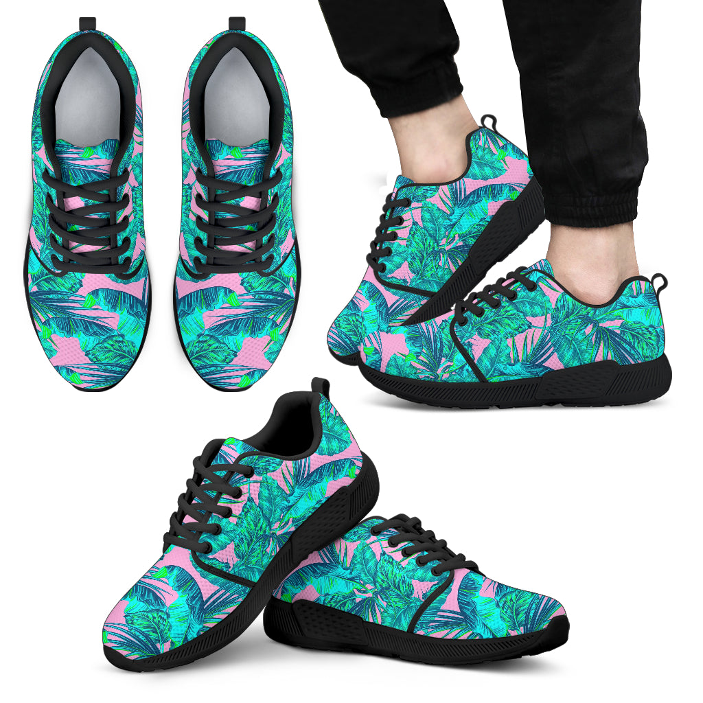 Pink Teal Tropical Leaf Pattern Print Men's Athletic Shoes