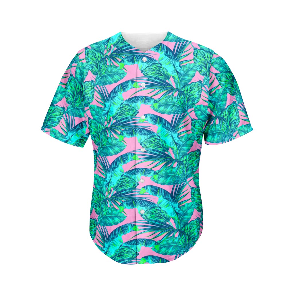 Pink Teal Tropical Leaf Pattern Print Men's Baseball Jersey