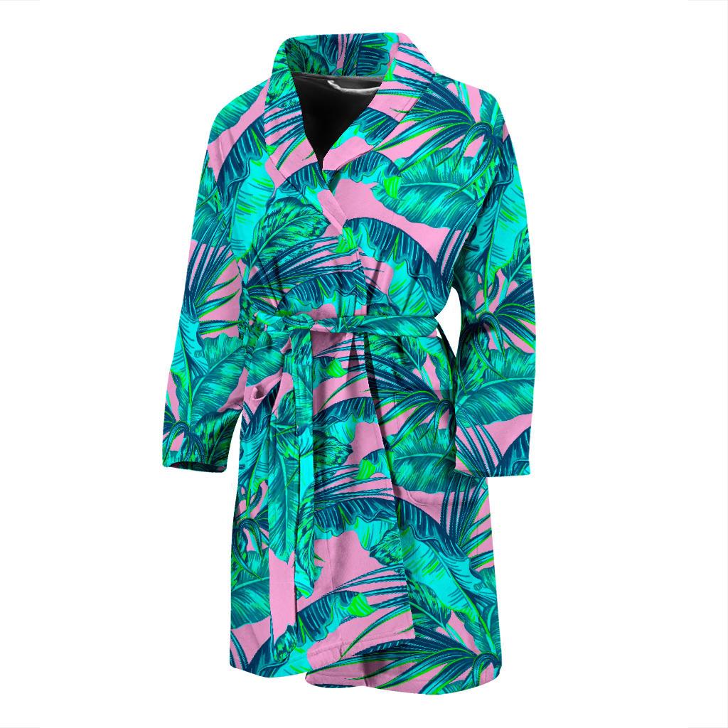 Pink Teal Tropical Leaf Pattern Print Men's Bathrobe