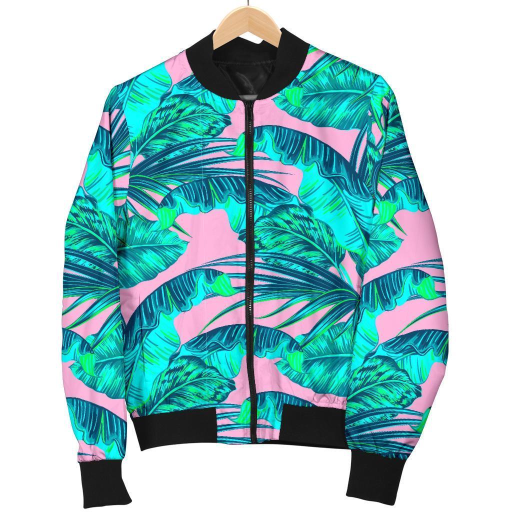 Pink Teal Tropical Leaf Pattern Print Men's Bomber Jacket