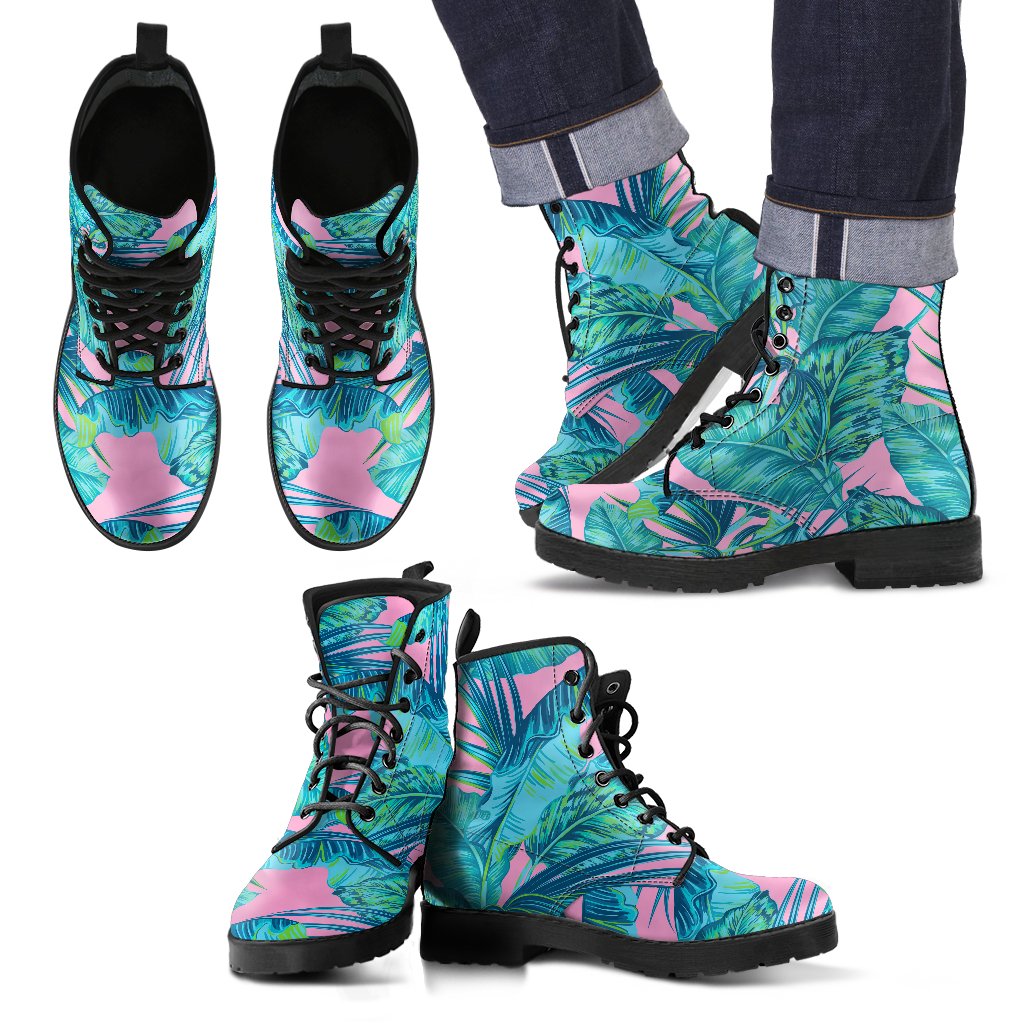 Pink Teal Tropical Leaf Pattern Print Men's Boots