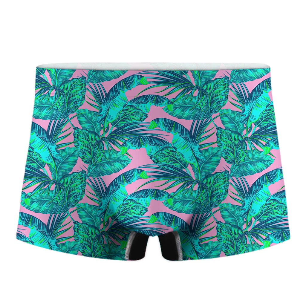 Pink Teal Tropical Leaf Pattern Print Men's Boxer Briefs