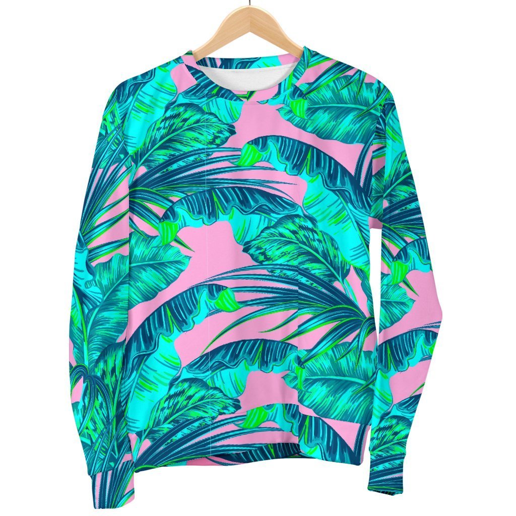 Pink Teal Tropical Leaf Pattern Print Men's Crewneck Sweatshirt