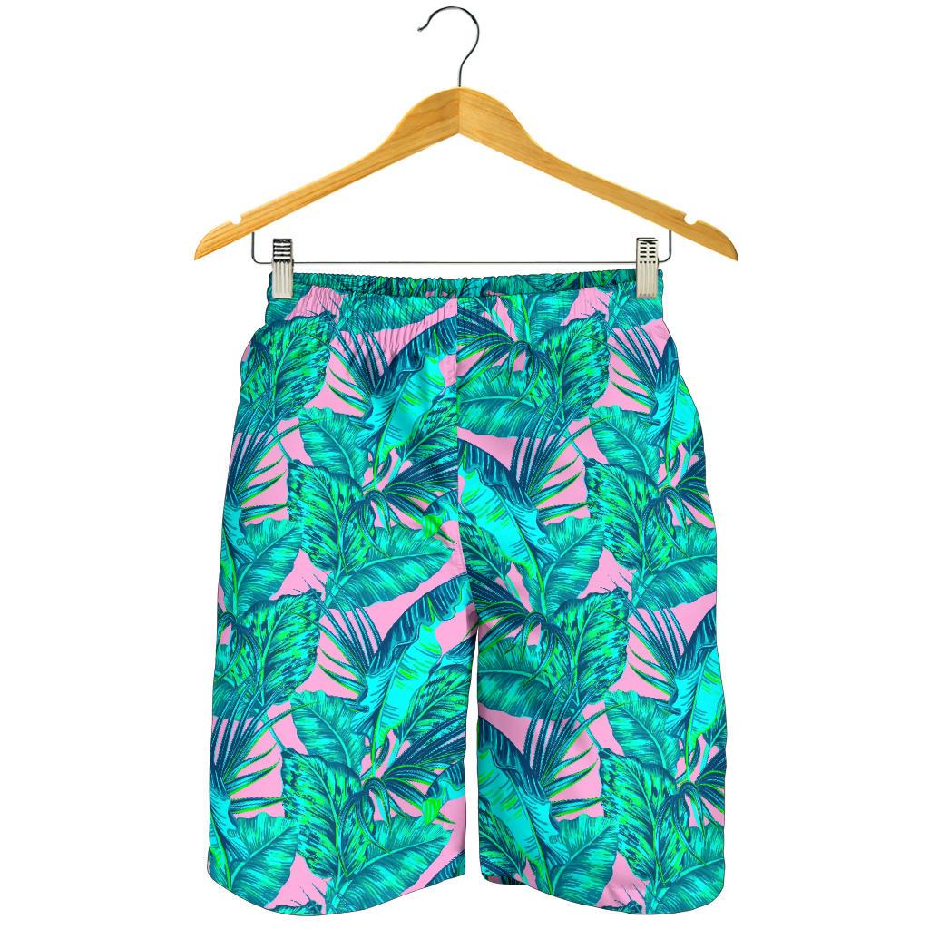 Pink Teal Tropical Leaf Pattern Print Men's Shorts