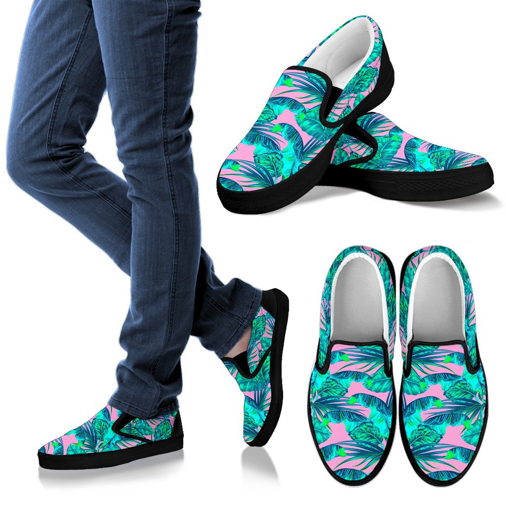 Pink Teal Tropical Leaf Pattern Print Men's Slip On Shoes