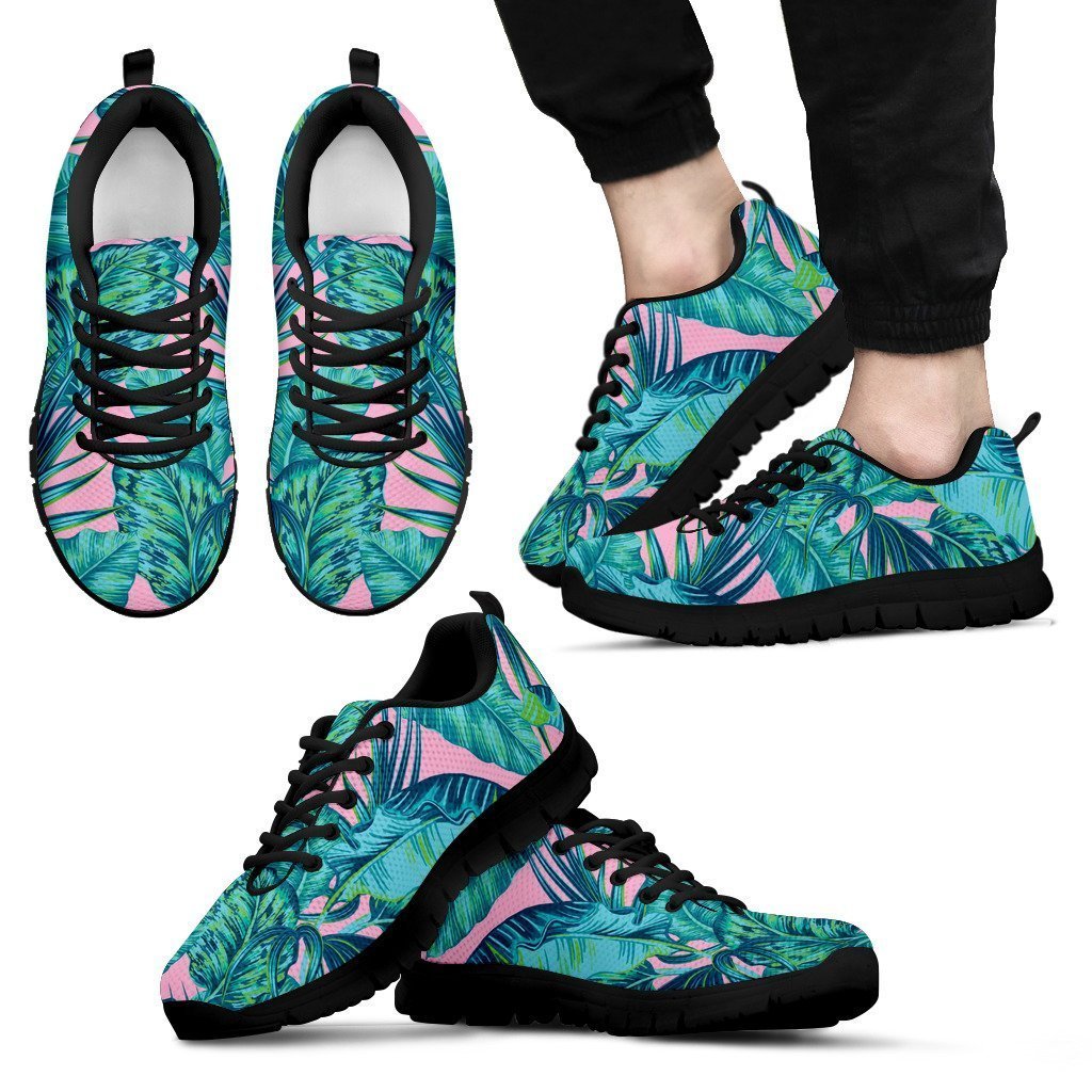 Pink Teal Tropical Leaf Pattern Print Men's Sneakers